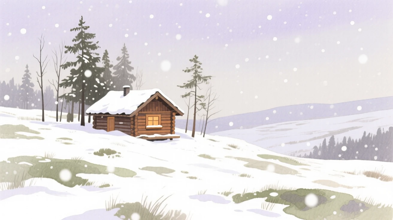 A breathtaking view of a highland moor during a gentle snowfall, with a rustic cabin tucked among the trees