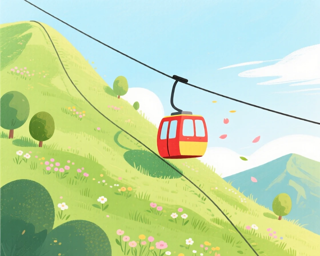 A cable car climbing a green mountainside, peaceful and full of gentle motion.