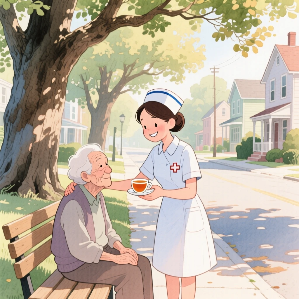 A young nurse comforting an elderly patient with a warm cup of tea and a smile, on a quiet street lined with old oak trees, radiating kindness, hope, and heartfelt emotion.