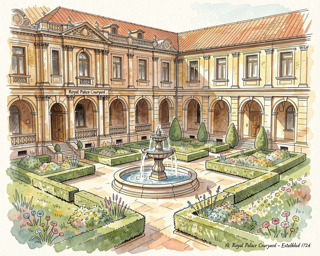 A grand palace courtyard with fountains and manicured gardens, warm afternoon light settling over the weathered stone and rooftops.