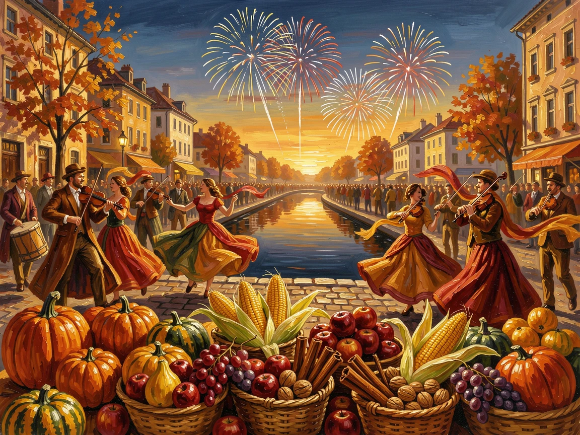 A harvest festival with tables laden with autumn produce, fireworks reflecting off the water below, in a plaza crowded with musicians and dancers, in the golden light of a late afternoon celebration.