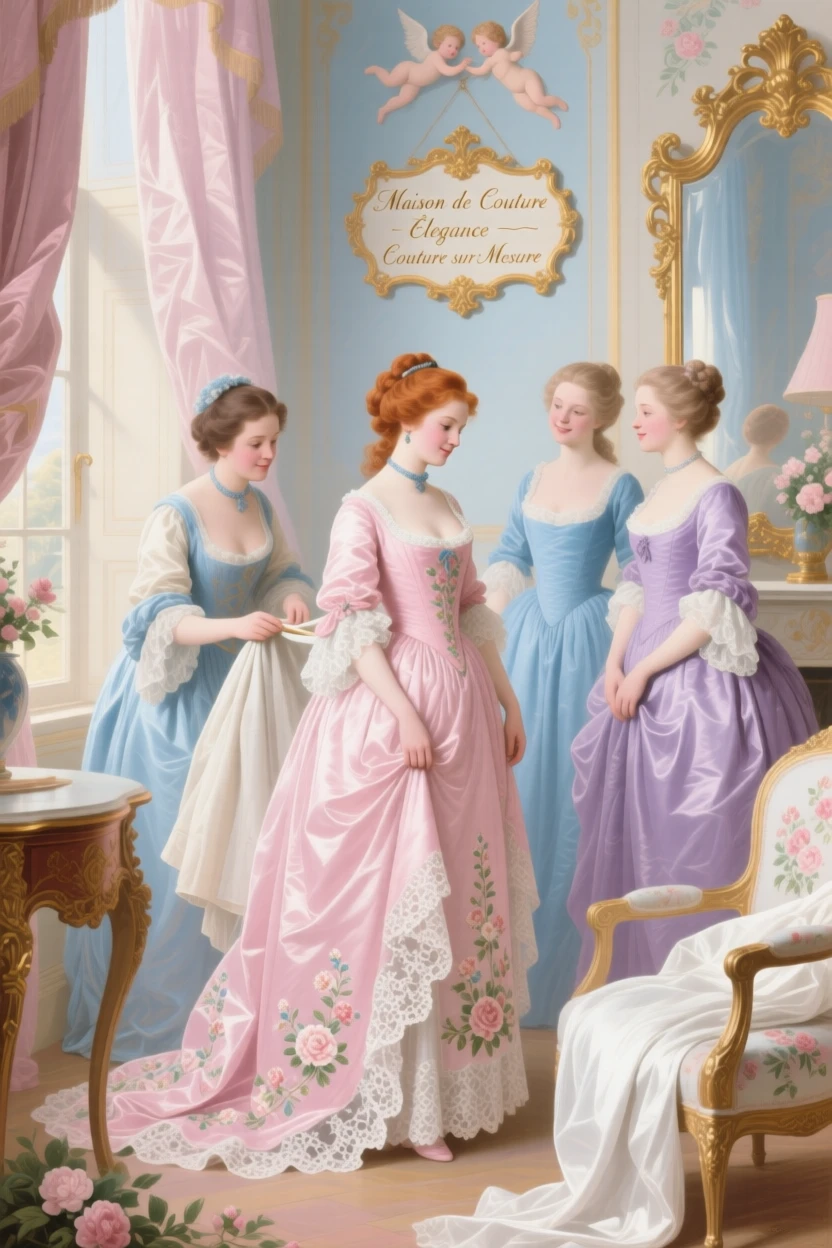 A seamstress fitting a gown while friends admire the fabric  