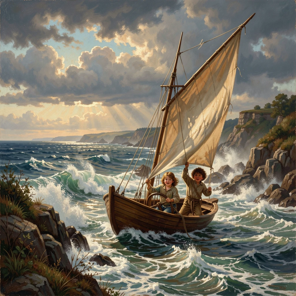 A pair of children sails toward a stretch of foaming surf while the wind whips the sails.