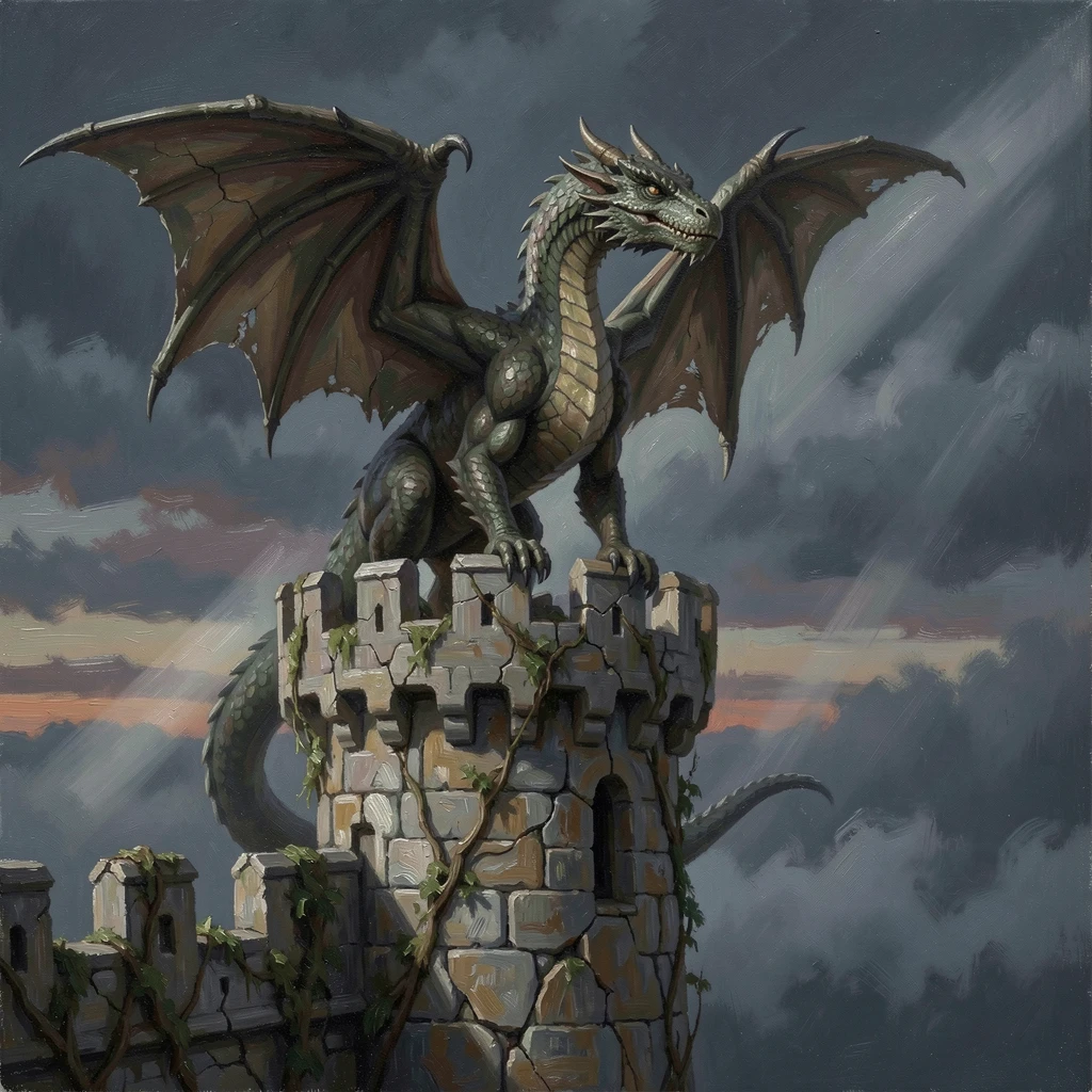 A majestic dragon perched atop a crumbling castle tower at dusk, as beams of light cut dramatically through darkness or fog, creating a scene that feels both magical and entirely believable