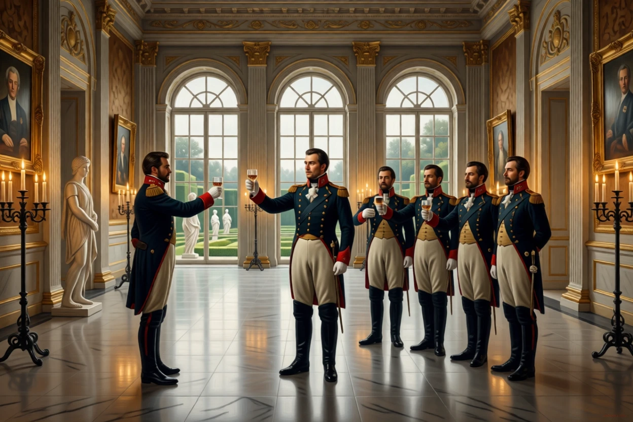 A general and his officers toasting victory in a marble hall as candlelight flickers across polished floors, set in a formal garden with clipped hedges and marble statues, with portraits of ancestors watching from gilded frames; rich architectural framing lends grandeur without crowding the figures, filled with quiet ceremony and inherited dignity.