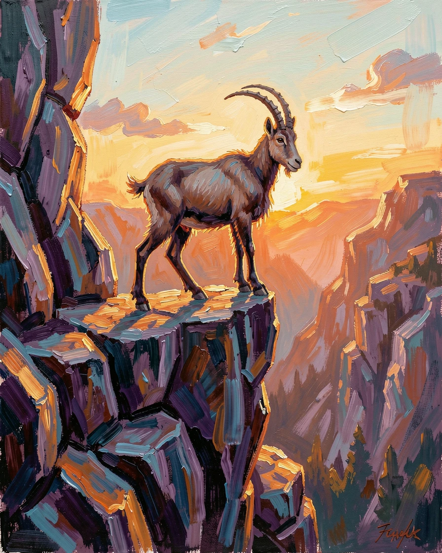 A mountain goat balancing effortlessly on a sheer cliff face at sunrise.