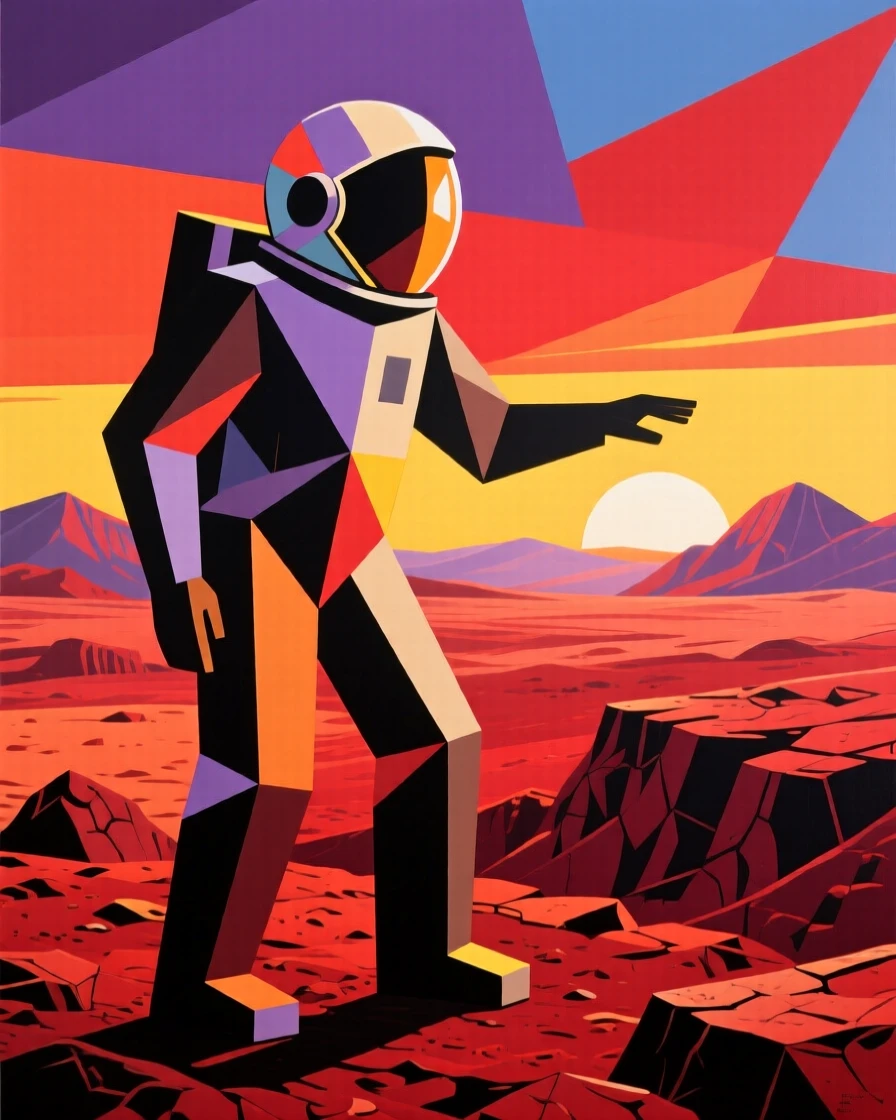 A lone astronaut standing on the red rocky surface of Mars at sunrise.