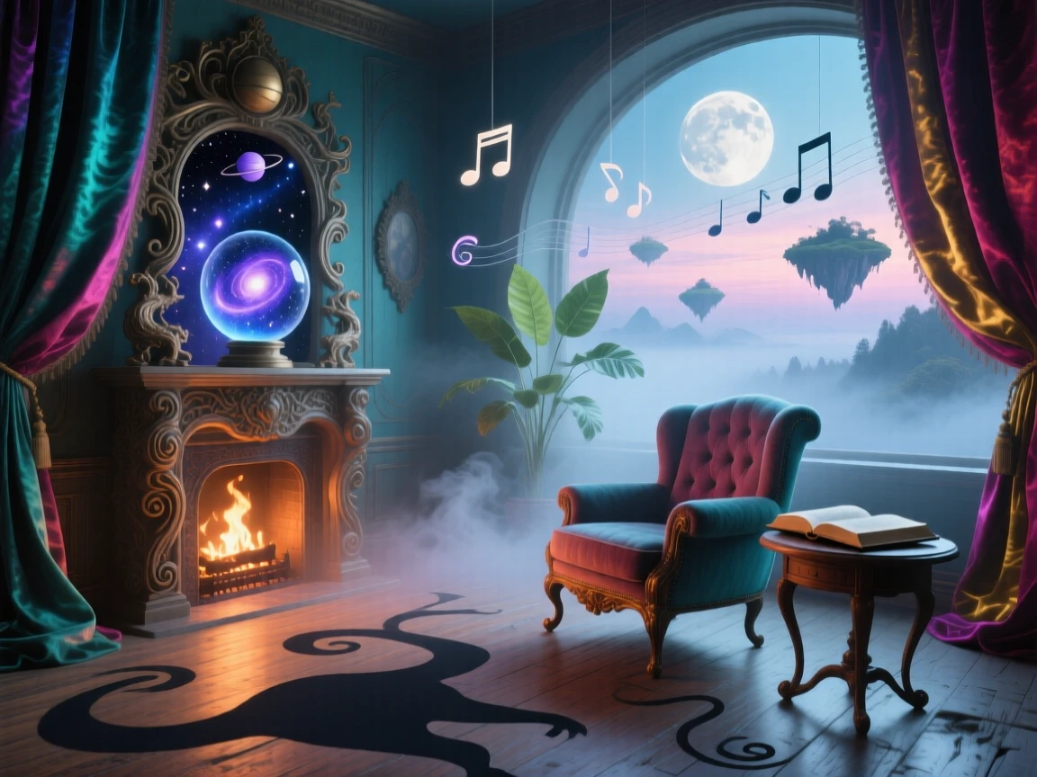 A snug living room where the fireplace holds a tiny captured galaxy sits quietly wrapped in early morning mist, while distant music drifts faintly through the still evening air.