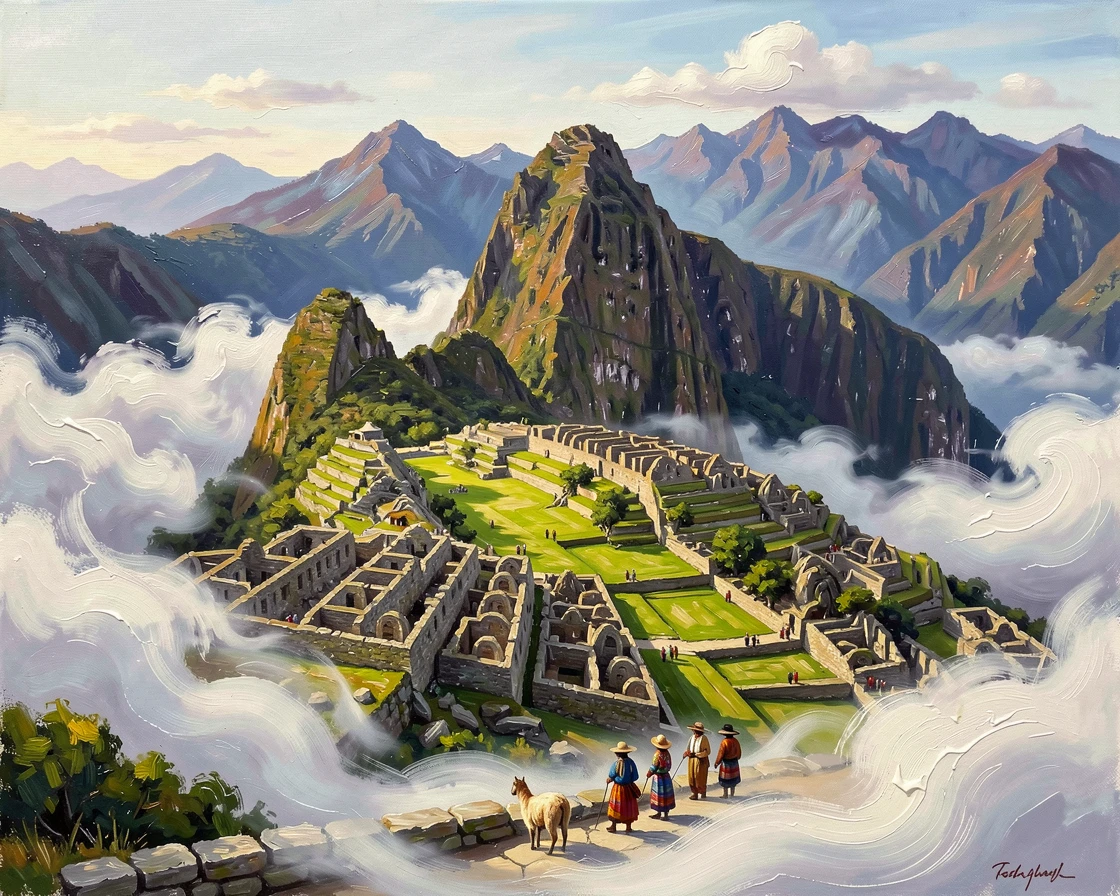 Machu Picchu emerges from swirling morning clouds high in the Peruvian Andes, terraced stone ruins glowing green against dramatic mountain peaks, local life visible in the background, adding a quiet sense of authenticity to the scene.