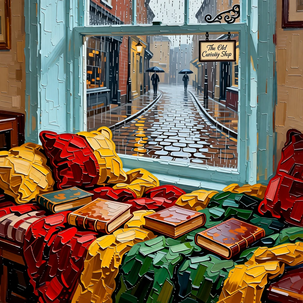 A window seat piled with quilts and books overlooking a rainy cobblestone street