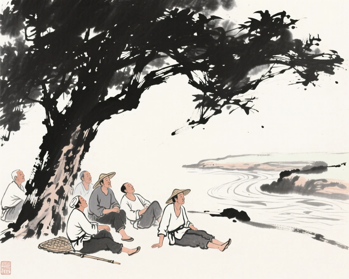 A group of farmers rests beneath a shade tree during the midday heat, with the sound of a nearby stream filling the quiet air.