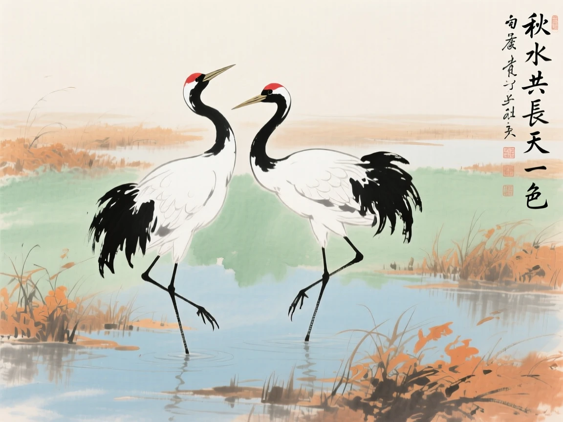 A pair of cranes dancing together in a shallow marsh, carrying a mood of wistful nostalgia, in late autumn.