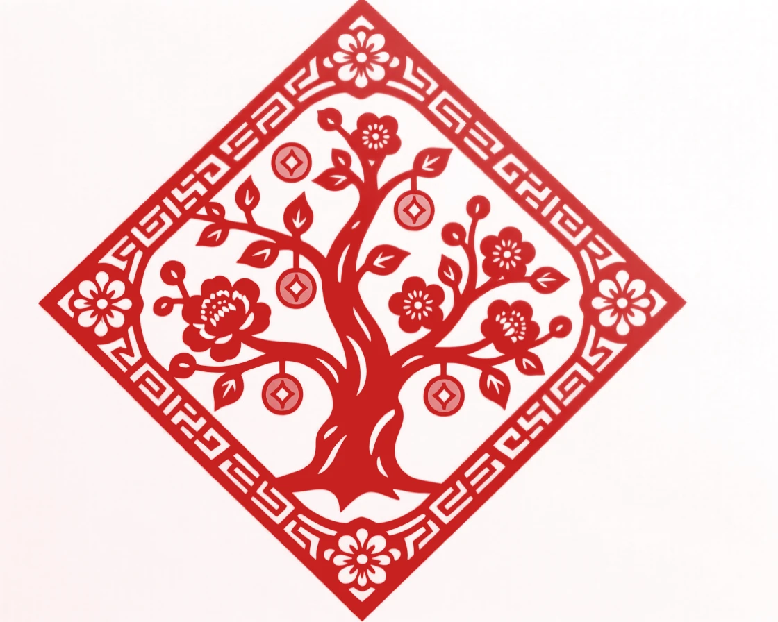A blossoming money tree, centered within a diamond-shaped panel, celebrating longevity and family blessings.