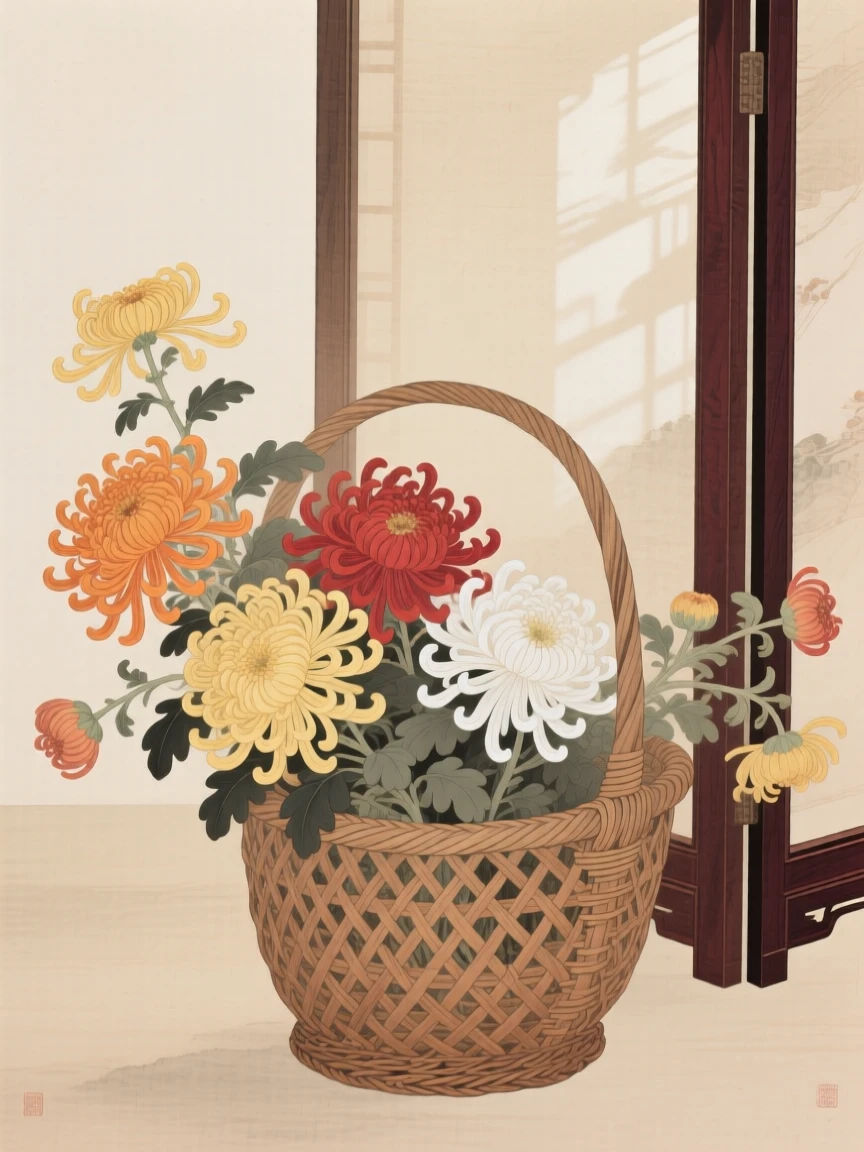 A woven basket overflowing with autumn chrysanthemums in soft afternoon light beside a paper screen