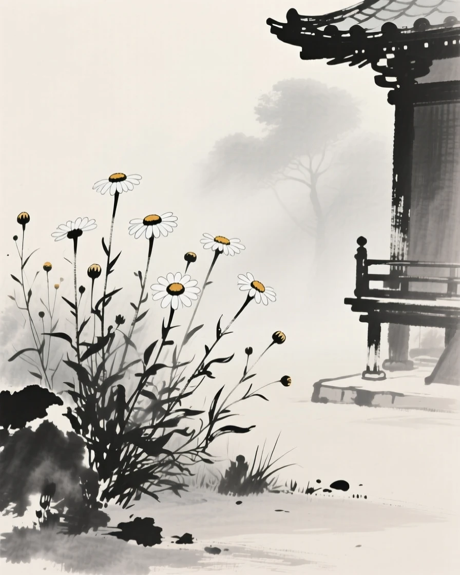 A patch of wild daisies in the corner of a secluded temple garden, set against a soft gradient of misty background, suggesting patience, resilience, and quiet strength.