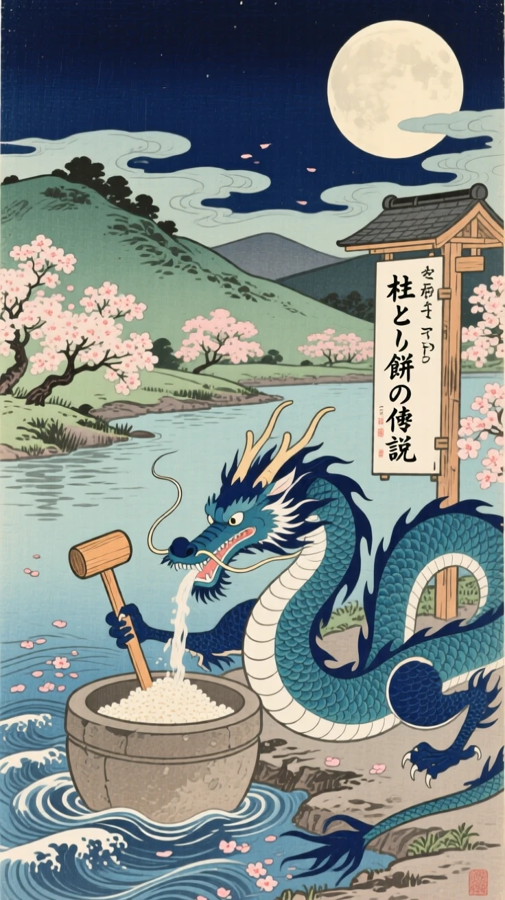 A water dragon pounding rice cakes beneath a full moon.