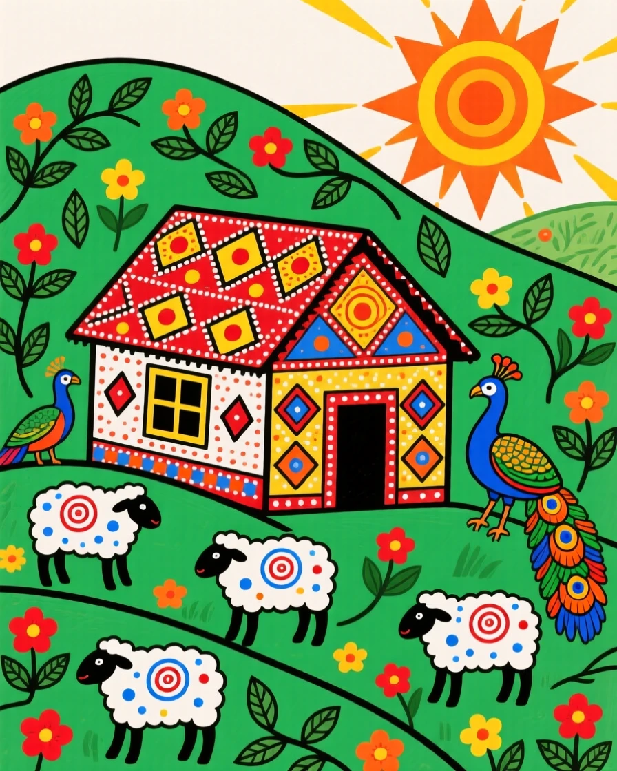 A shepherd's cottage tucked into a green hillside dotted with sheep.