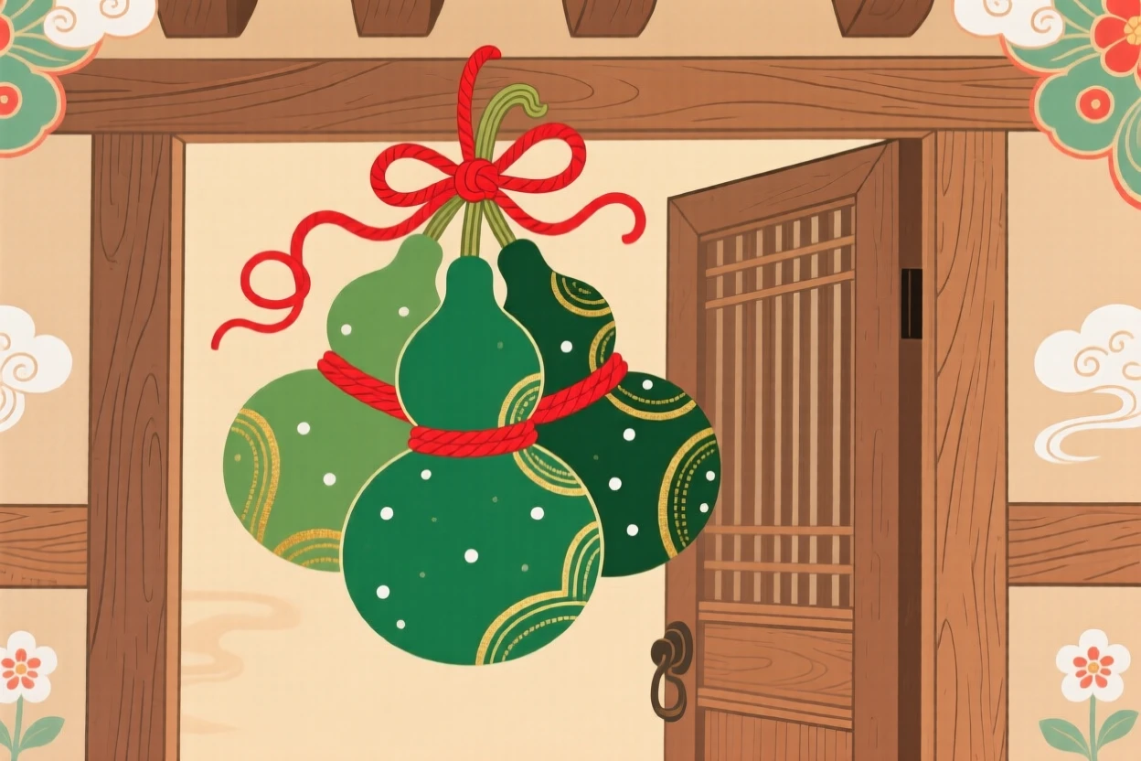 A trio of gourds tied with red string hanging from a doorway, symbolizing protection for the home.