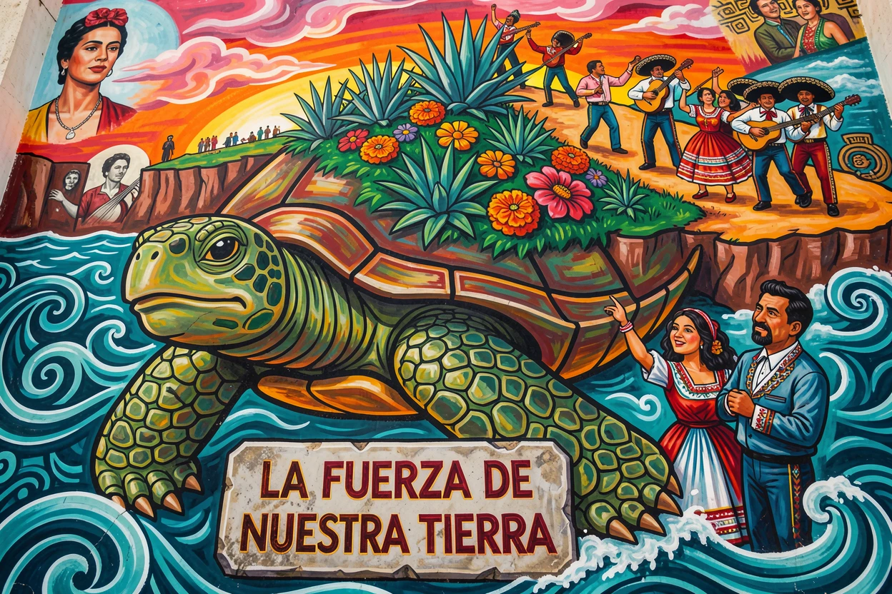A giant turtle carrying an island upon its back