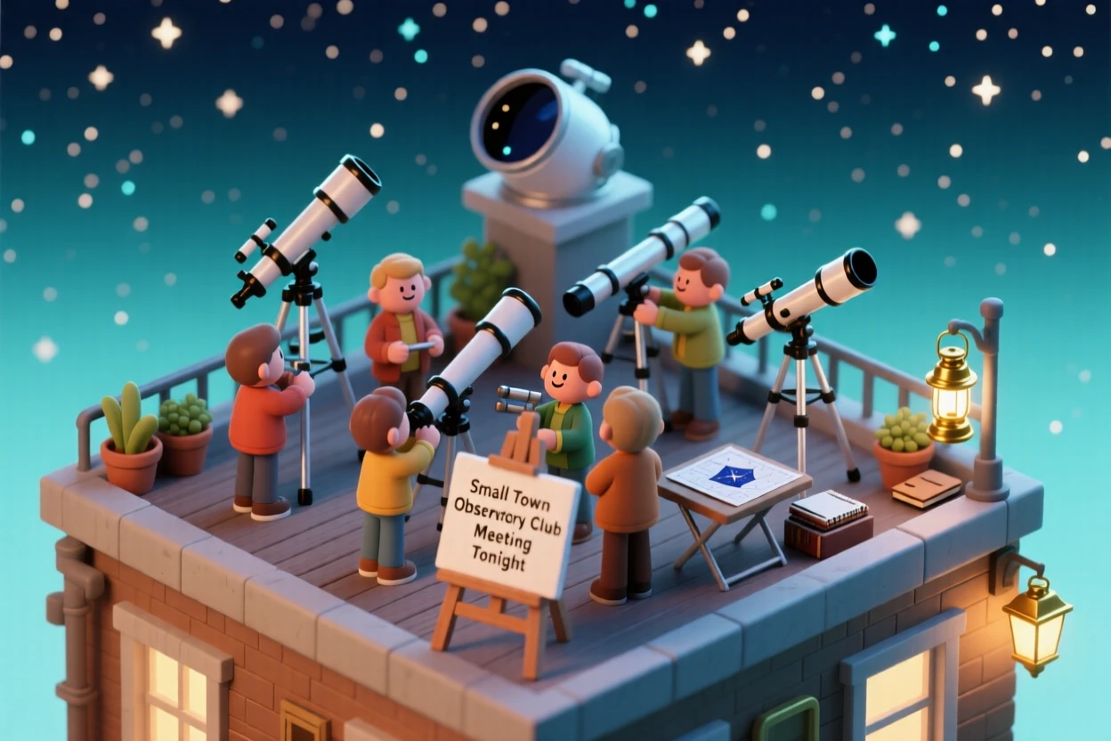 A cozy small-town observatory club meeting, members setting up telescopes on a rooftop under a clear starry sky.