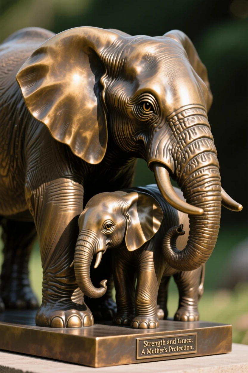 A mother elephant shielding her calf from the sun, with striking, expressive eyes, evoking wonder and majesty