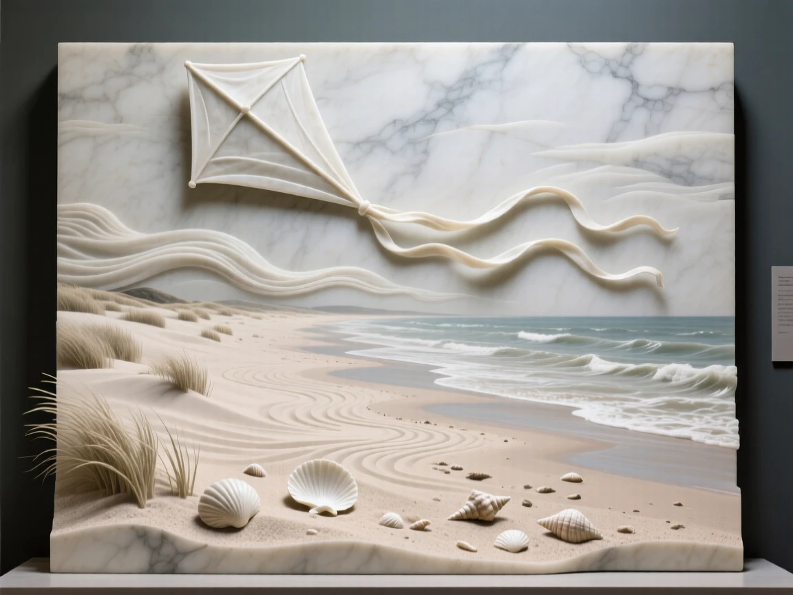 A beautifully composed image of a kite flying high above a windswept beach, in a moment of quiet stillness, full of atmosphere and visual storytelling