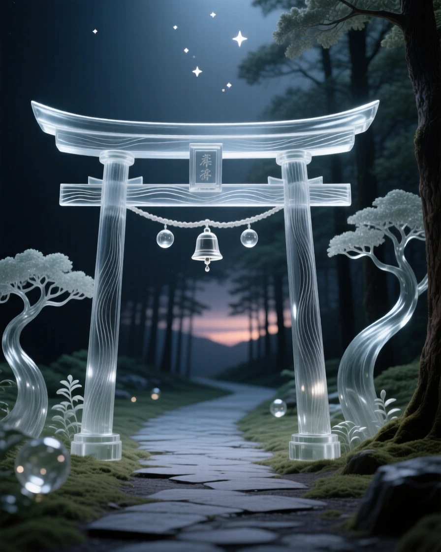 Beneath a canopy of stars just beginning to appear, a temple gate standing at the entrance to a quiet forest path, while the sound of distant bells drifts across the square