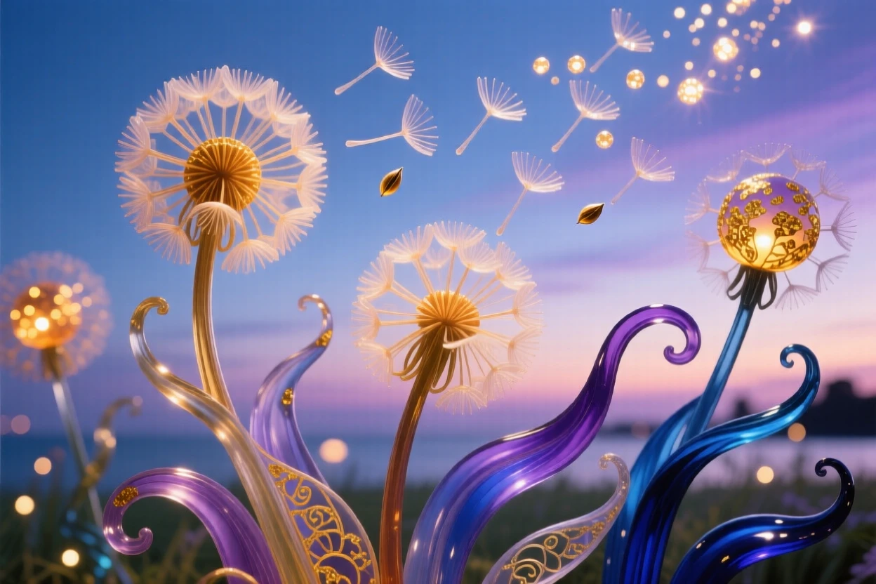 A field of oversized dandelions releasing glowing seeds into a twilight sky, whimsical and magical.