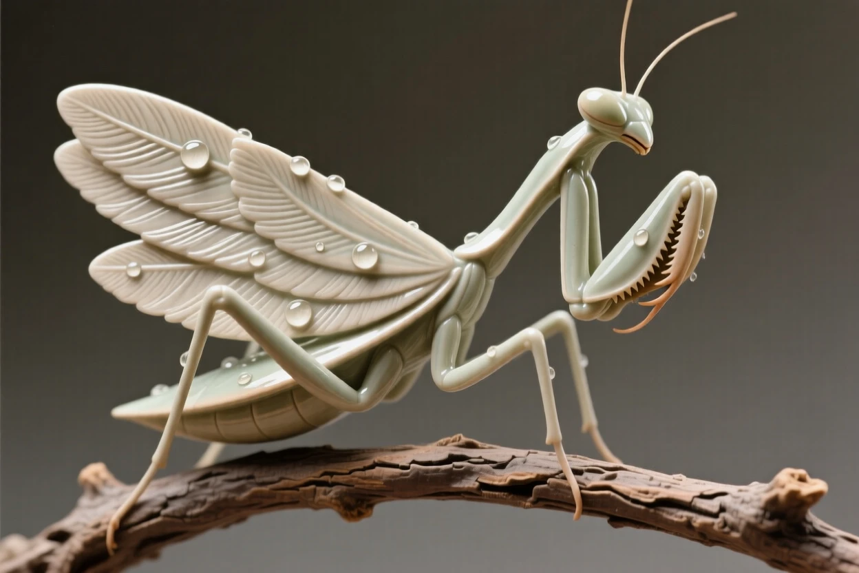 A praying mantis poised on a twig standing proudly with plumage on full display, glistening with a light morning dew, conveying effortless elegance in motion.