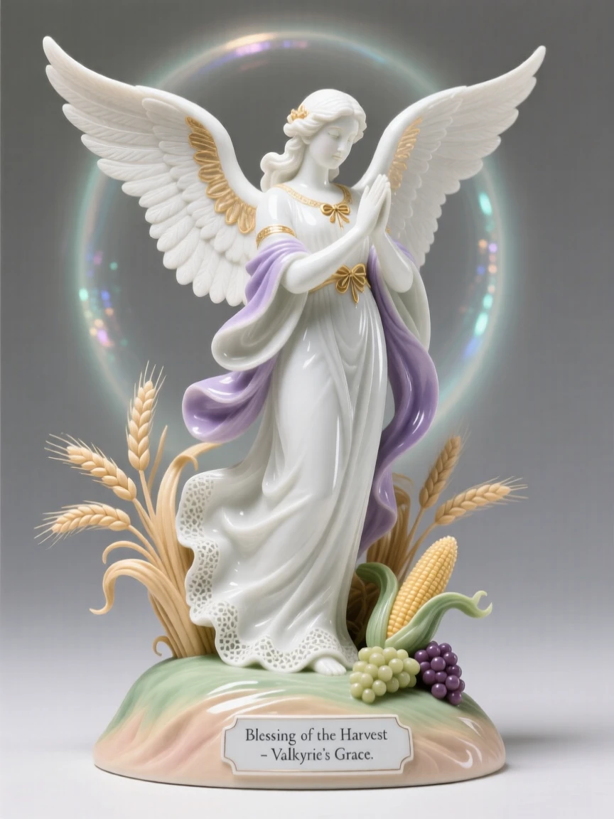 A mythological moment: a valkyrie offering a blessing over a harvest, bathed in an otherworldly glow.