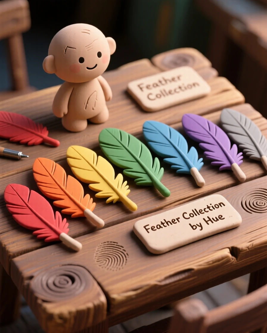 A collection of feathers arranged by color on a wooden table