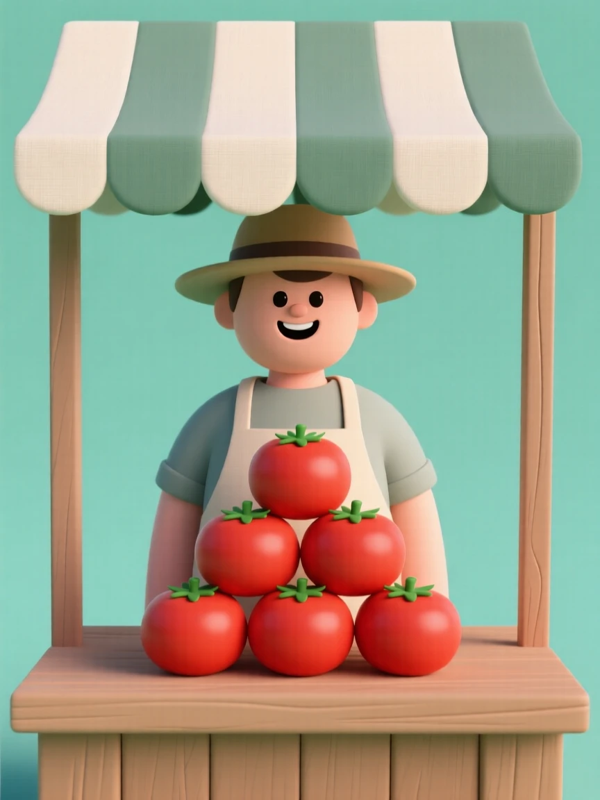A cheerful farmers market vendor stacks a colorful pyramid of ripe tomatoes beneath a striped canvas awning.