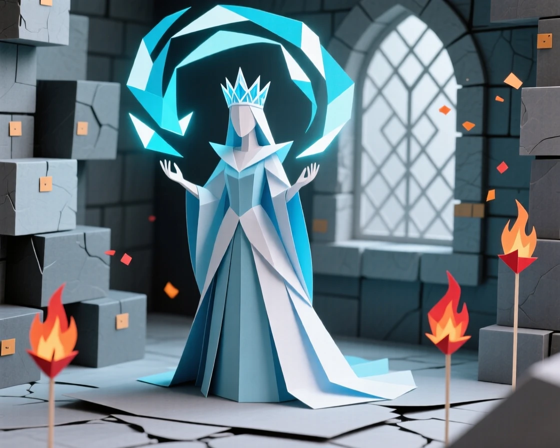 A crowned ice queen summoning glowing magic within a stone chamber, with embers drifting through the air, capturing dramatic tension and adventure.