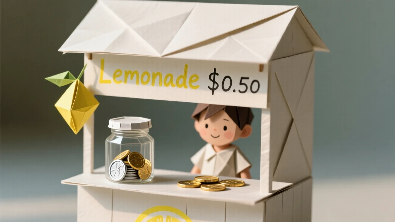 A child's lemonade stand with a hand-painted sign and coins collected in a jar.