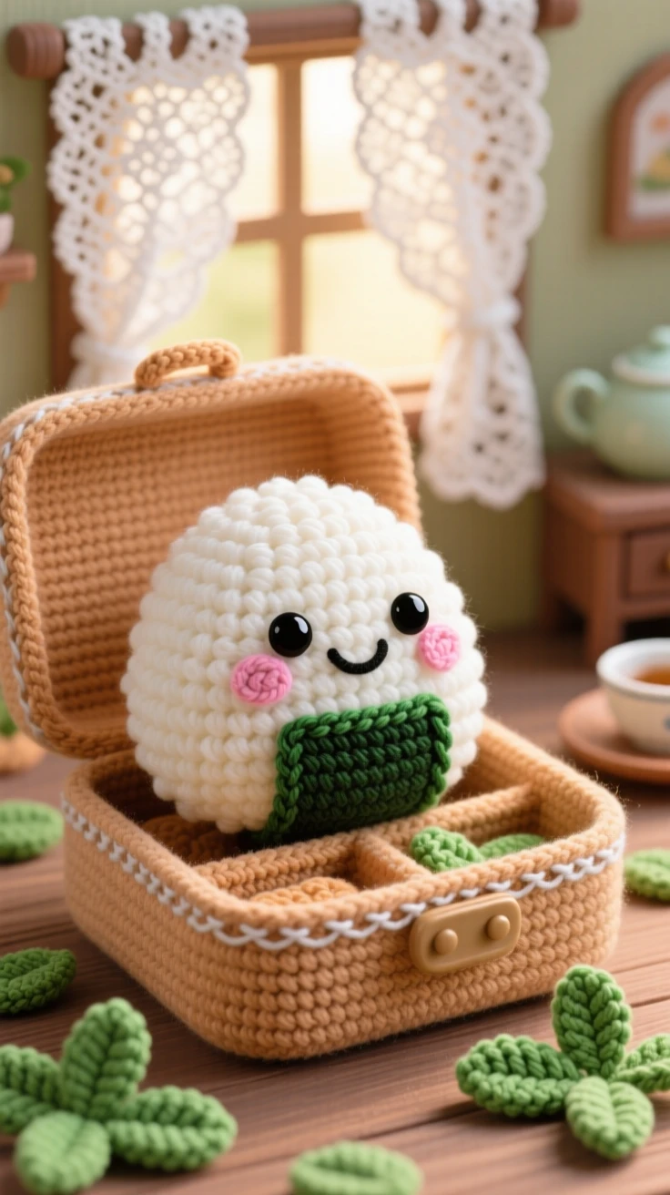 A delightful still-life of a cheerful rice ball character wrapped with a strip of nori, sitting inside a bento box within a charming tea room with lace curtains; a scattering of fresh mint leaves nearby, full of bright, appetizing cheerfulness.