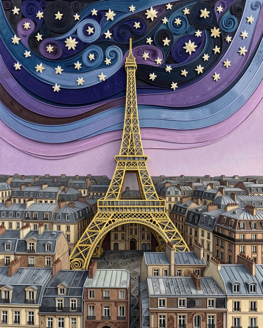 the Eiffel Tower rising above a sea of Parisian rooftops, under a canopy of stars at twilight, captured from a sweeping elevated viewpoint, in crisp, clear tones under a bright blue sky.