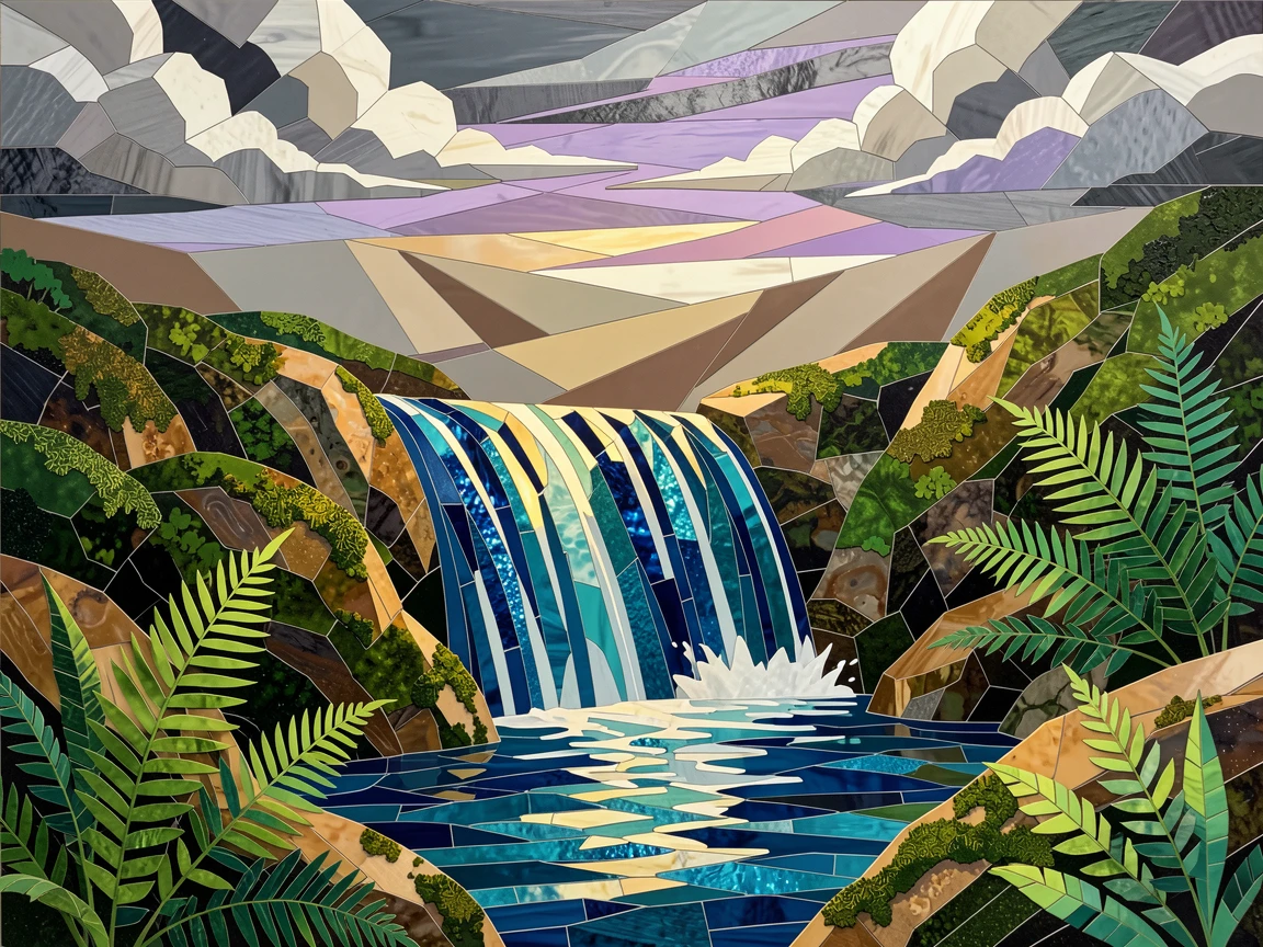 A wide panoramic view of a hidden waterfall pool surrounded by moss-covered rocks and ferns, with dramatic clouds and rich natural color.