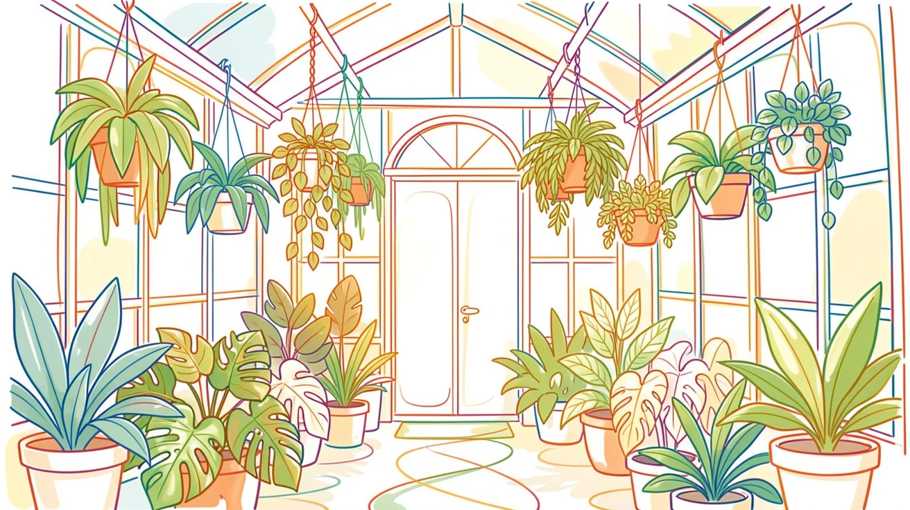 A greenhouse filled with hanging plants and warm afternoon light.