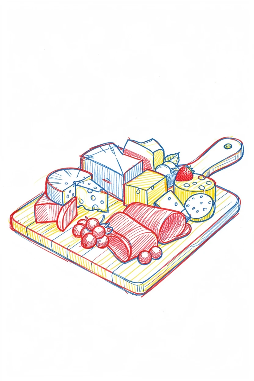 A rustic charcuterie board piled with cheeses, fruits, and cured meats
