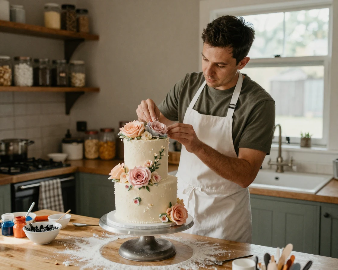 A baker decorates a wedding cake with delicate sugar flowers in a quiet kitchen.