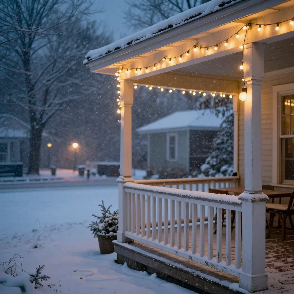 A wraparound porch strung with soft glowing lights during a quiet snowfall outside