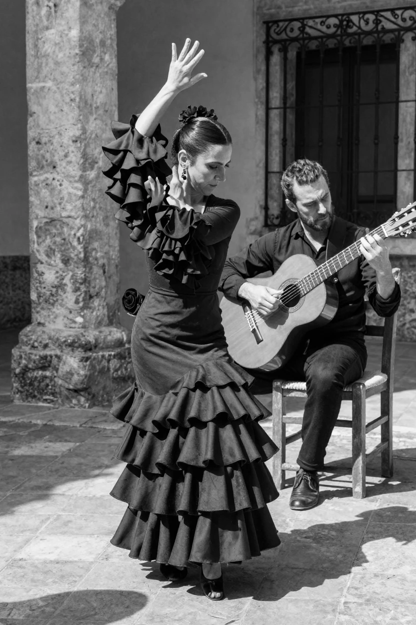 A flamenco dancer stomps and claps to rhythmic guitar in a sunlit courtyard.
