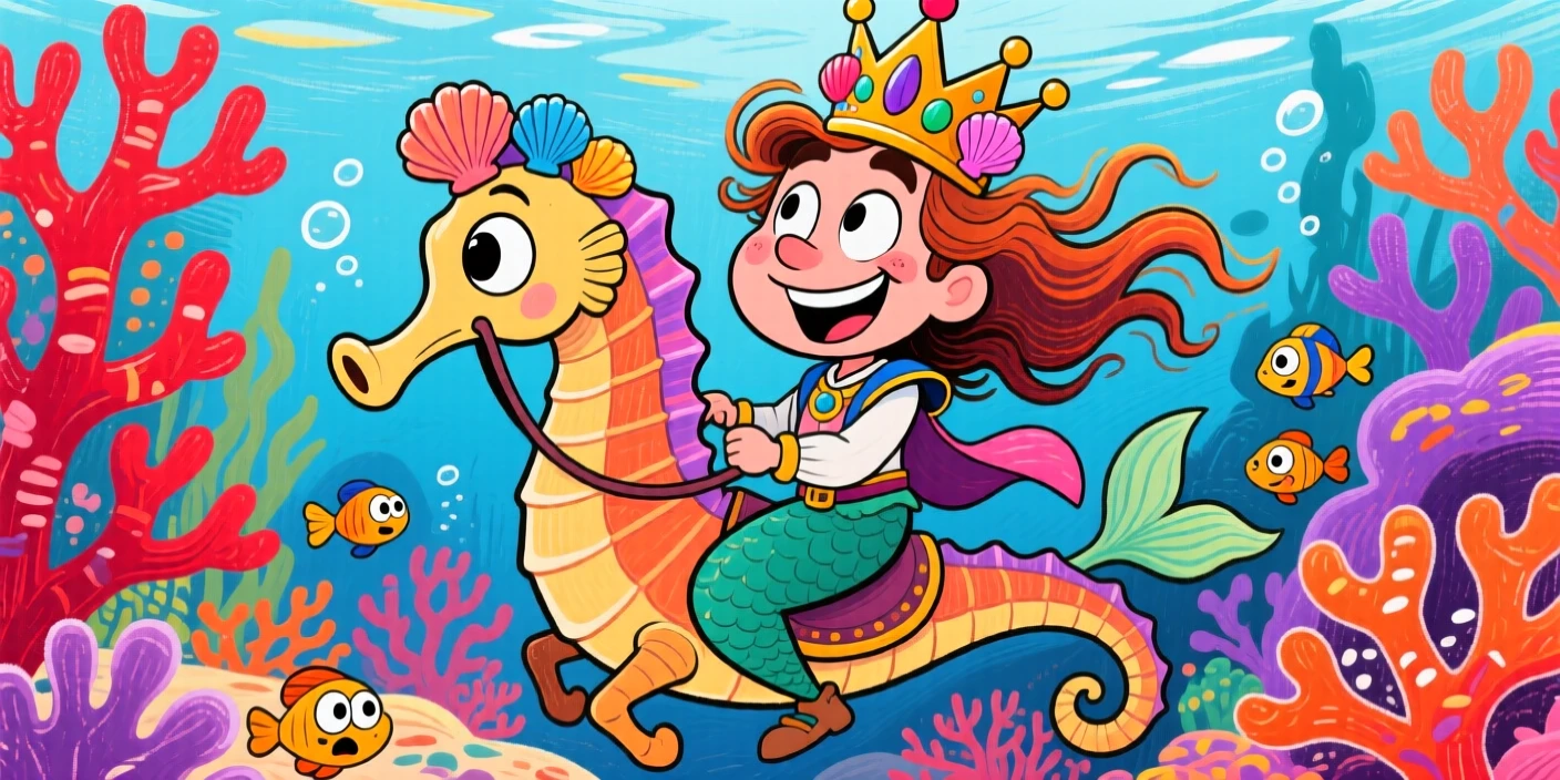 A mermaid prince riding a seahorse through a coral kingdom.