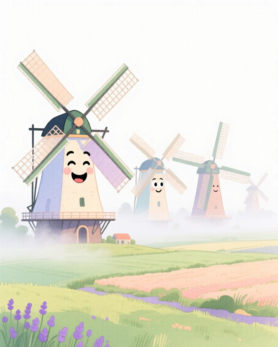 A dreamy travel postcard scene of a windmill field in the Dutch countryside wrapped in gentle morning mist