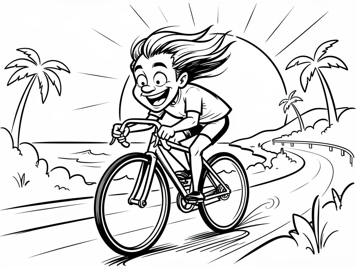 [Trending & Universal Topics] Modern lifestyle scene of a cyclist speeding down a scenic coastal road at sunrise, capturing everyday joy