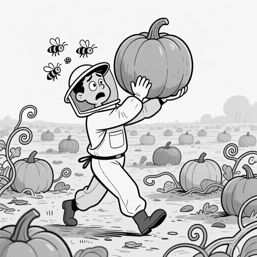 A beekeeper's assistant backing away nervously from buzzing bees, struggling to lift the pumpkin with both arms, set in a sprawling autumn pumpkin patch. Vines with curling tendrils spread across the ground. The image feels like a breath of fresh outdoor air.