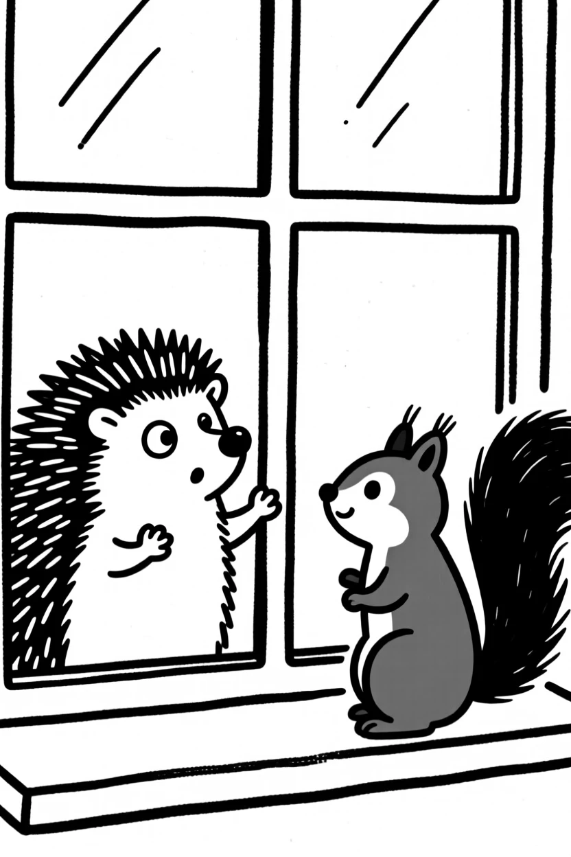A hedgehog watching a squirrel through a window, paws pressed to the glass.