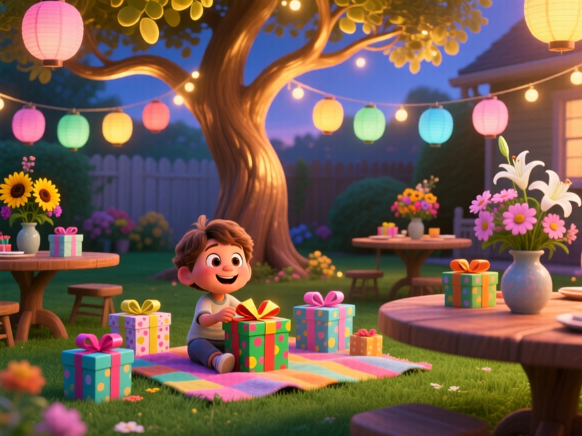 A child opening presents beside a glowing tree happens in a backyard strung with paper lanterns, with fresh flowers decorating every table. A festive warmth and togetherness fill the scene.