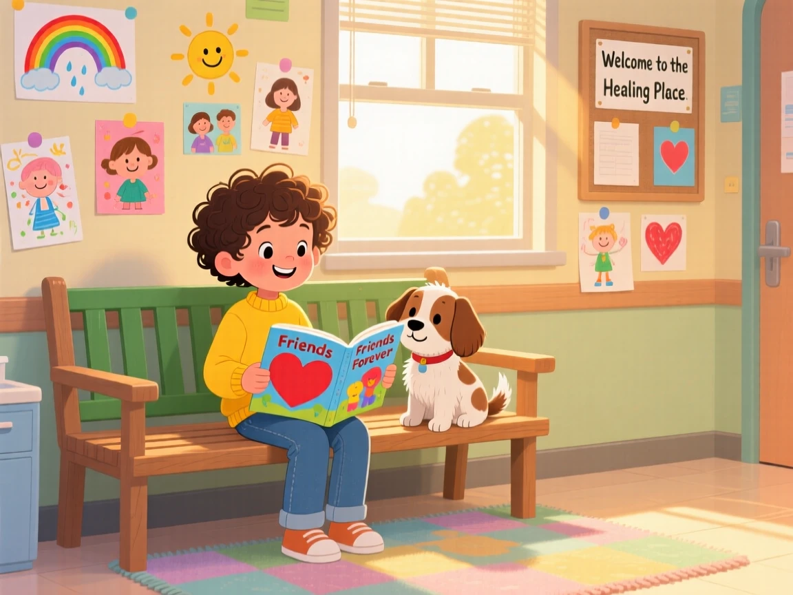 A child and a lost puppy share a tender moment reading together on a park bench in a hospital waiting room decorated with drawings, as warm smiles are exchanged.