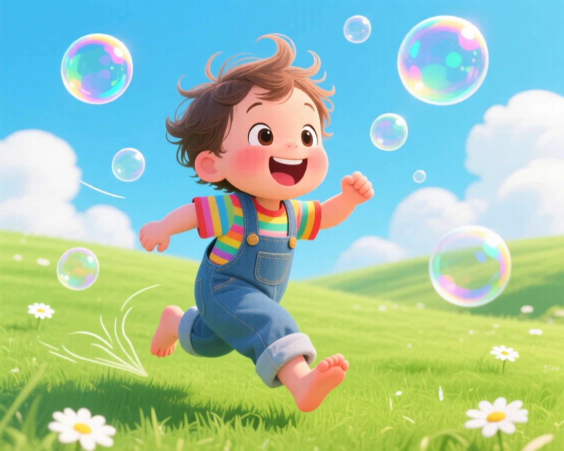 A toddler giggling while chasing soap bubbles across a lawn.